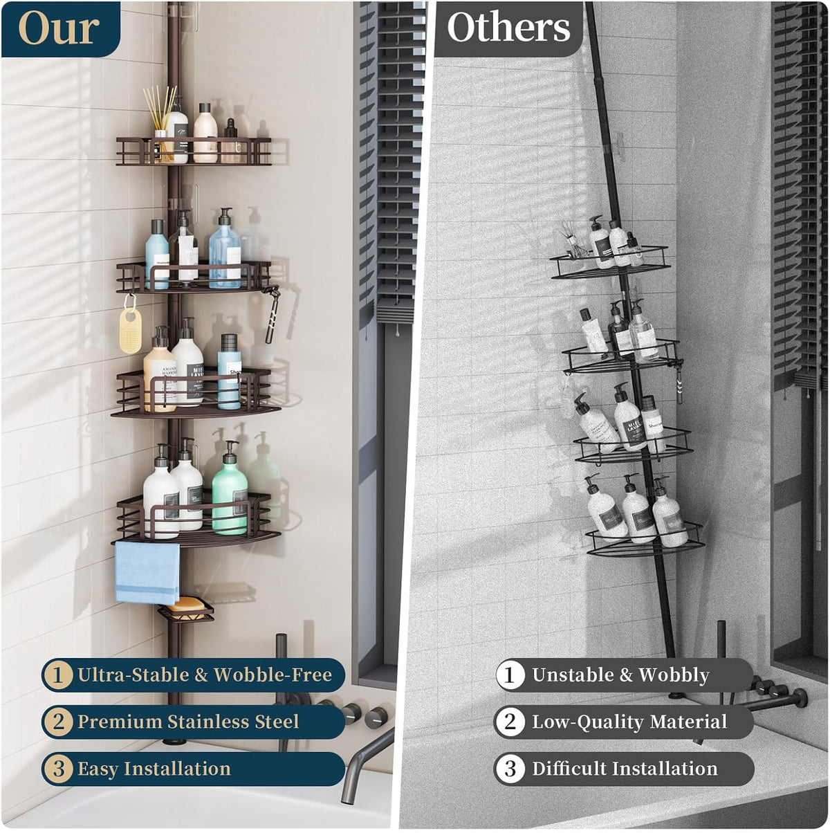 Corner Shower Caddy Tension Pole - Rustproof Shower Shelves with Towel Bar & Soap Holder, Adjustable Bath Organizer for Bathroom Storage, 27.6-108.3 inch, Black