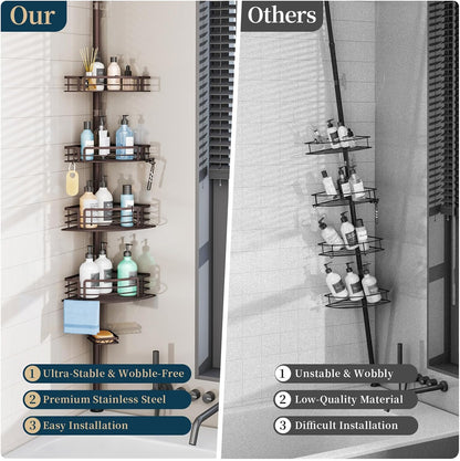 Corner Shower Caddy Tension Pole - Rustproof Shower Shelves with Towel Bar & Soap Holder, Adjustable Bath Organizer for Bathroom Storage, 27.6-108.3 inch, Black