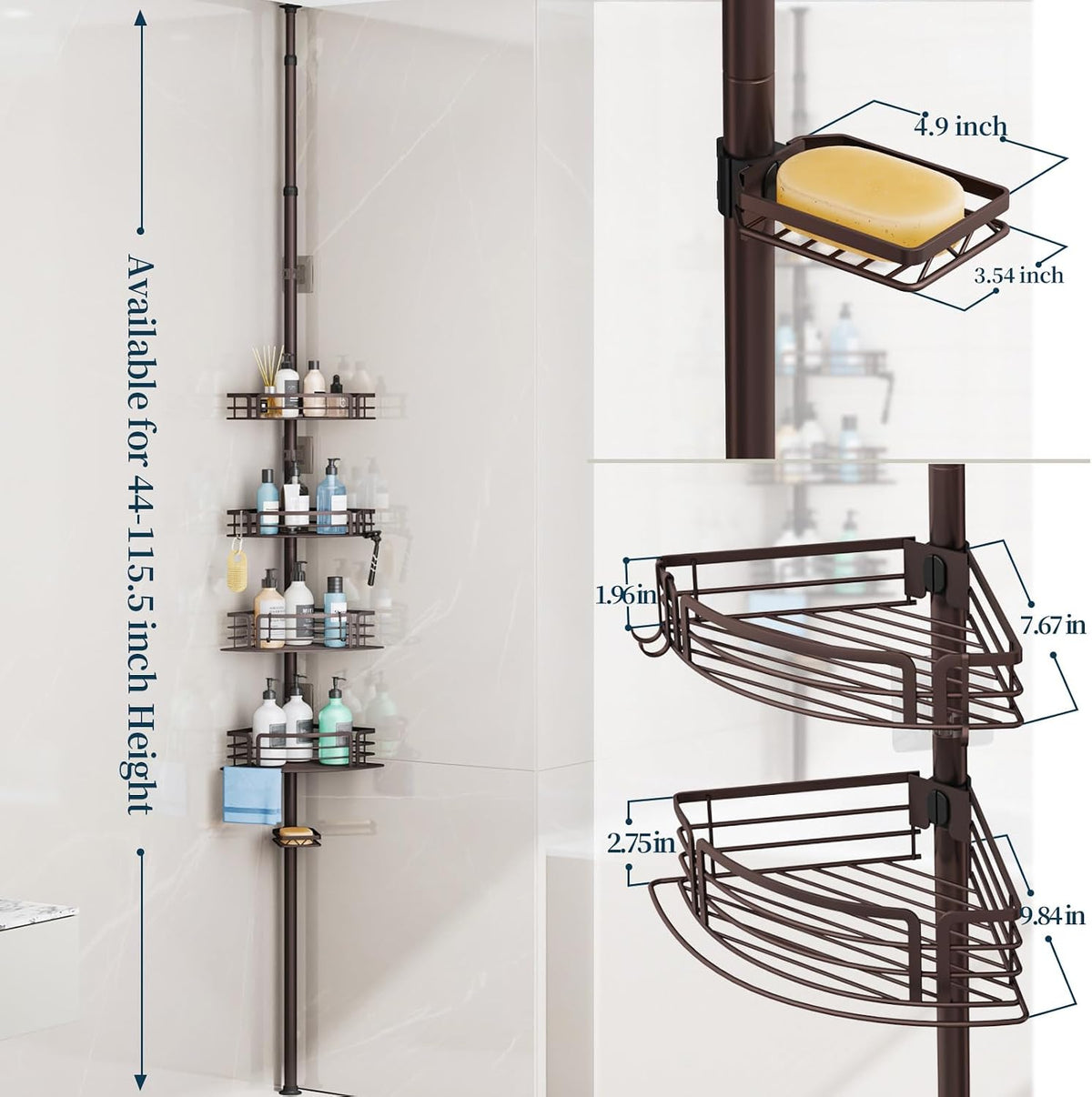 Corner Shower Caddy Tension Pole - Rustproof Shower Shelves with Towel Bar & Soap Holder, Adjustable Bath Organizer for Bathroom Storage, 27.6-108.3 inch, Black