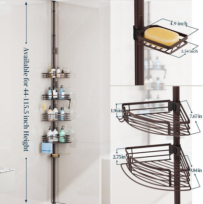 Corner Shower Caddy Tension Pole - Rustproof Shower Shelves with Towel Bar & Soap Holder, Adjustable Bath Organizer for Bathroom Storage, 27.6-108.3 inch, Black