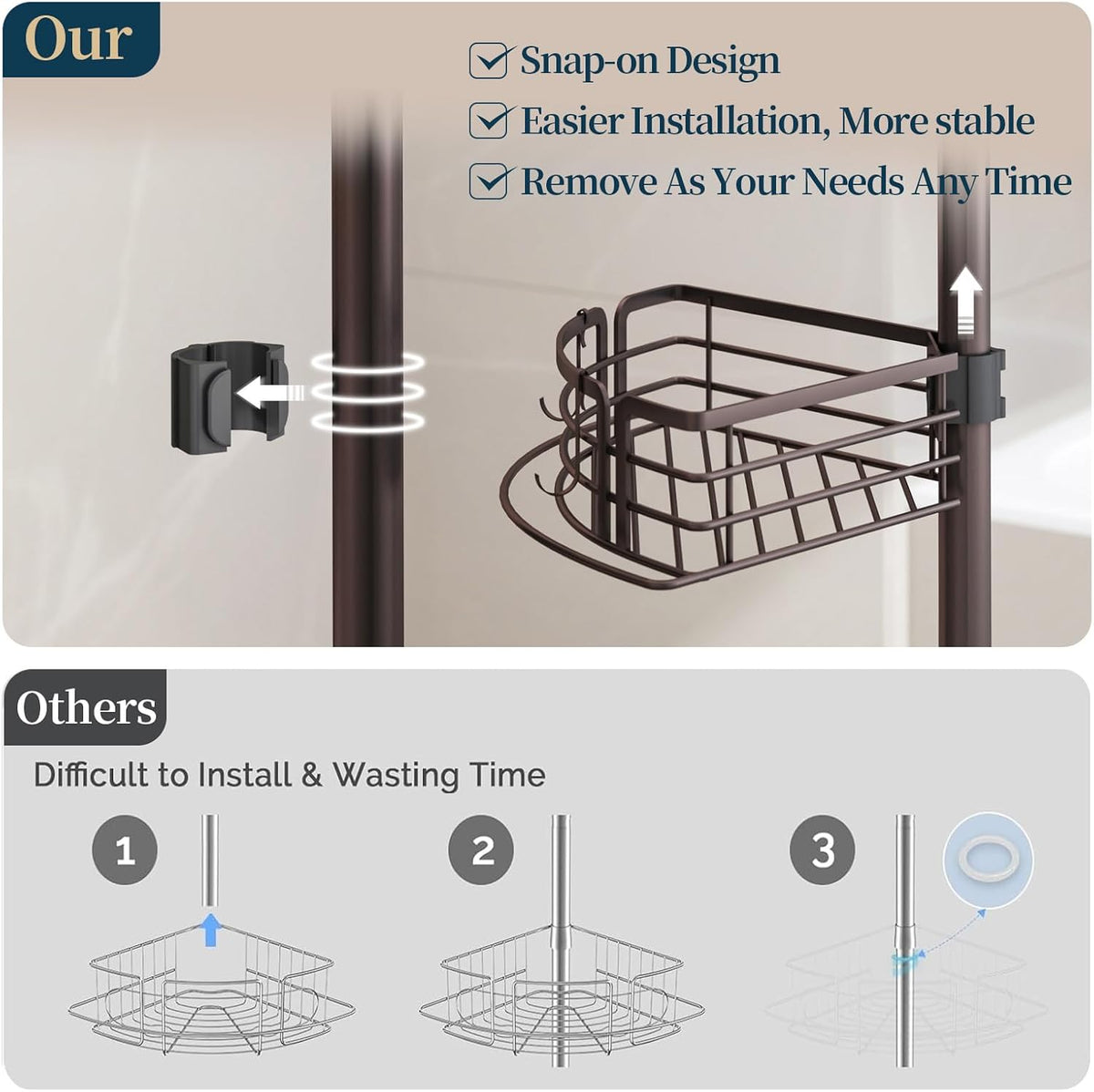 Corner Shower Caddy Tension Pole - Rustproof Shower Shelves with Towel Bar & Soap Holder, Adjustable Bath Organizer for Bathroom Storage, 27.6-108.3 inch, Black