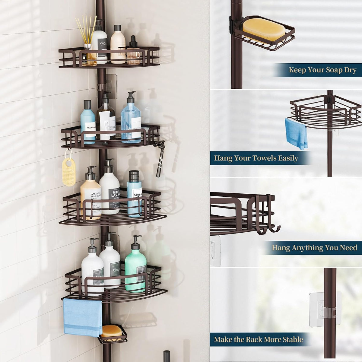 Corner Shower Caddy Tension Pole - Rustproof Shower Shelves with Towel Bar & Soap Holder, Adjustable Bath Organizer for Bathroom Storage, 27.6-108.3 inch, Black