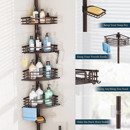 Corner Shower Caddy Tension Pole - Rustproof Shower Shelves with Towel Bar & Soap Holder, Adjustable Bath Organizer for Bathroom Storage, 27.6-108.3 inch, Black