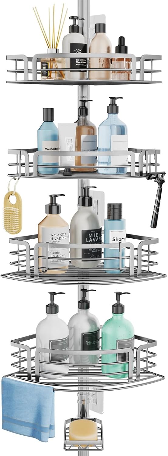 Corner Shower Caddy Tension Pole - Rustproof Shower Shelves with Towel Bar & Soap Holder, Adjustable Bath Organizer for Bathroom Storage, 27.6-108.3 inch, Black