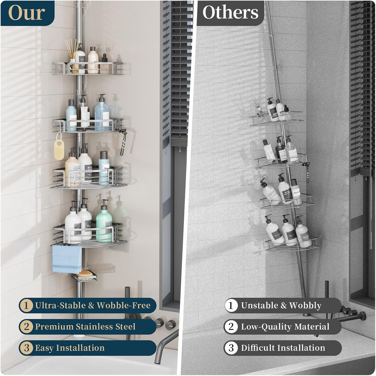 Corner Shower Caddy Tension Pole - Rustproof Shower Shelves with Towel Bar & Soap Holder, Adjustable Bath Organizer for Bathroom Storage, 27.6-108.3 inch, Black