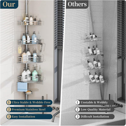 Corner Shower Caddy Tension Pole - Rustproof Shower Shelves with Towel Bar & Soap Holder, Adjustable Bath Organizer for Bathroom Storage, 27.6-108.3 inch, Black