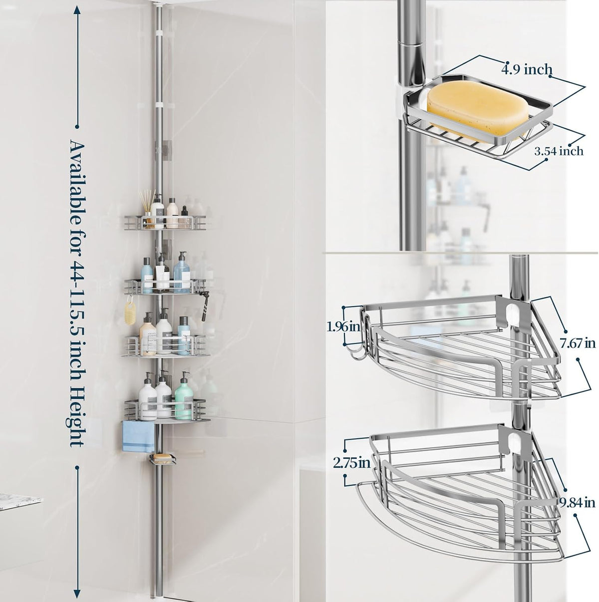 Corner Shower Caddy Tension Pole - Rustproof Shower Shelves with Towel Bar & Soap Holder, Adjustable Bath Organizer for Bathroom Storage, 27.6-108.3 inch, Black