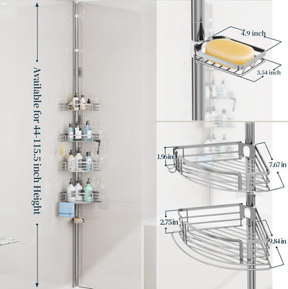 Corner Shower Caddy Tension Pole - Rustproof Shower Shelves with Towel Bar & Soap Holder, Adjustable Bath Organizer for Bathroom Storage, 27.6-108.3 inch, Black