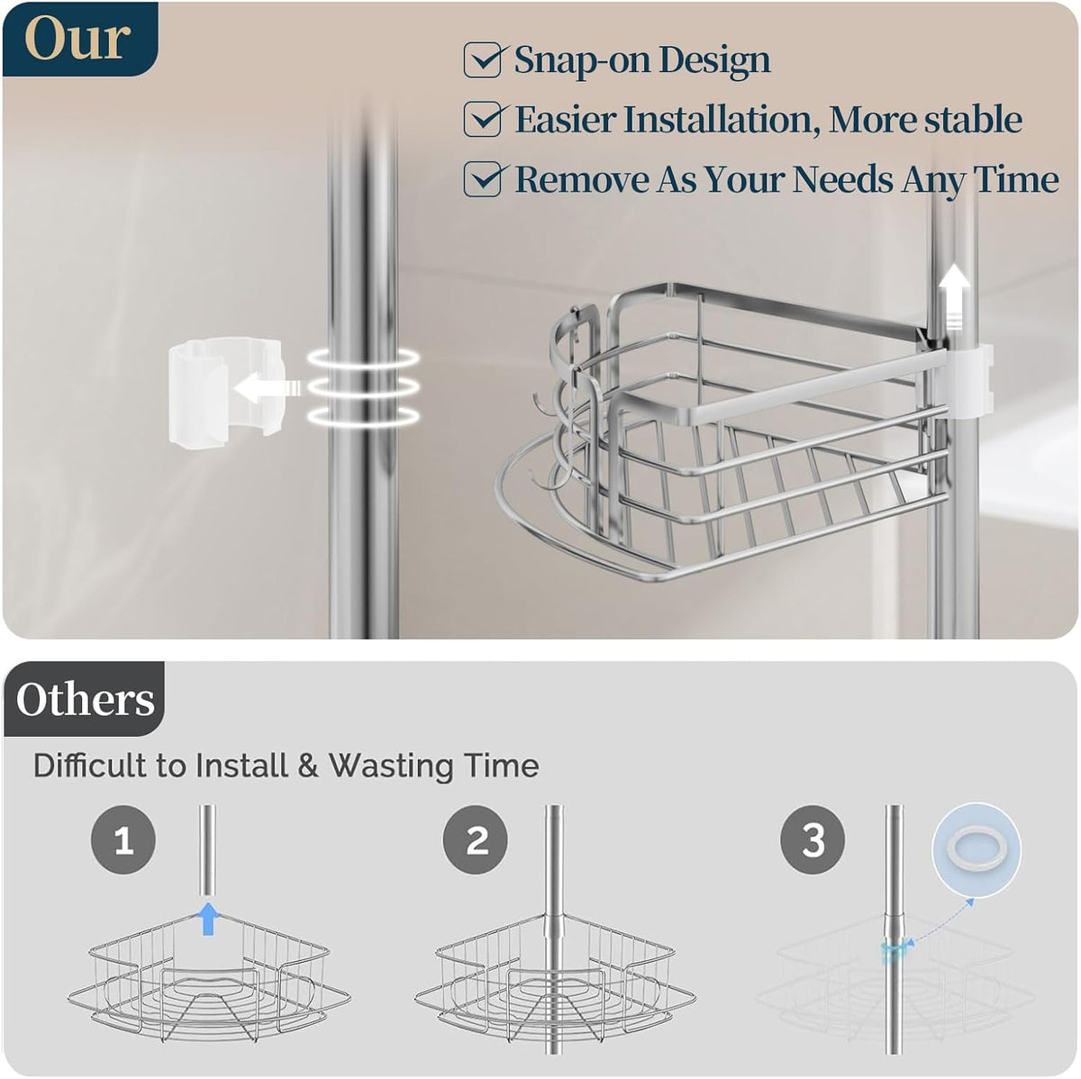 Corner Shower Caddy Tension Pole - Rustproof Shower Shelves with Towel Bar & Soap Holder, Adjustable Bath Organizer for Bathroom Storage, 27.6-108.3 inch, Black