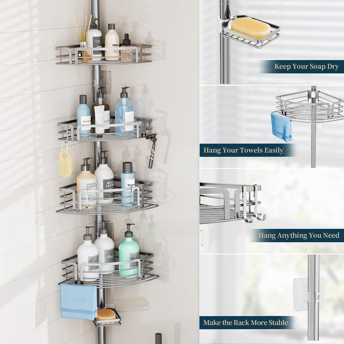 Corner Shower Caddy Tension Pole - Rustproof Shower Shelves with Towel Bar & Soap Holder, Adjustable Bath Organizer for Bathroom Storage, 27.6-108.3 inch, Black