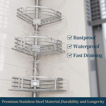 Corner Shower Caddy Tension Pole - Rustproof Shower Shelves with Towel Bar & Soap Holder, Adjustable Bath Organizer for Bathroom Storage, 27.6-108.3 inch, Black