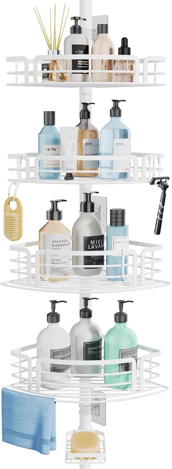 Corner Shower Caddy Tension Pole - Rustproof Shower Shelves with Towel Bar & Soap Holder, Adjustable Bath Organizer for Bathroom Storage, 27.6-108.3 inch, Black