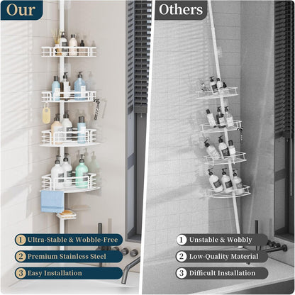 Corner Shower Caddy Tension Pole - Rustproof Shower Shelves with Towel Bar & Soap Holder, Adjustable Bath Organizer for Bathroom Storage, 27.6-108.3 inch, Black
