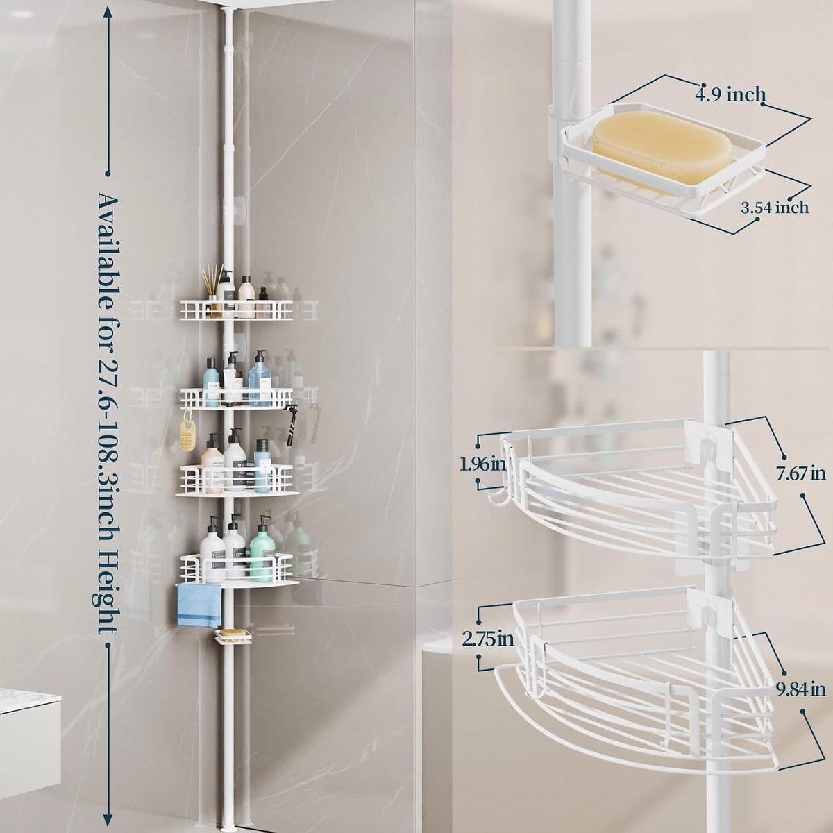 Corner Shower Caddy Tension Pole - Rustproof Shower Shelves with Towel Bar & Soap Holder, Adjustable Bath Organizer for Bathroom Storage, 27.6-108.3 inch, Black