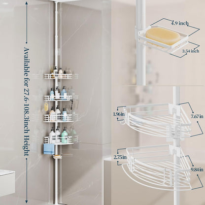 Corner Shower Caddy Tension Pole - Rustproof Shower Shelves with Towel Bar & Soap Holder, Adjustable Bath Organizer for Bathroom Storage, 27.6-108.3 inch, Black