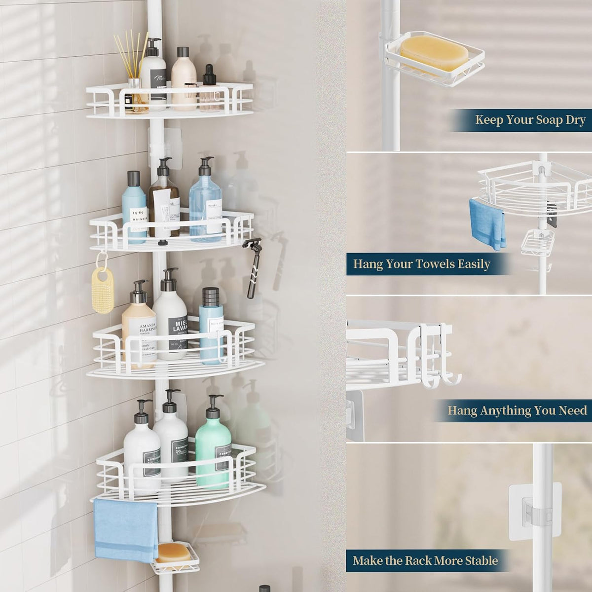 Corner Shower Caddy Tension Pole - Rustproof Shower Shelves with Towel Bar & Soap Holder, Adjustable Bath Organizer for Bathroom Storage, 27.6-108.3 inch, Black
