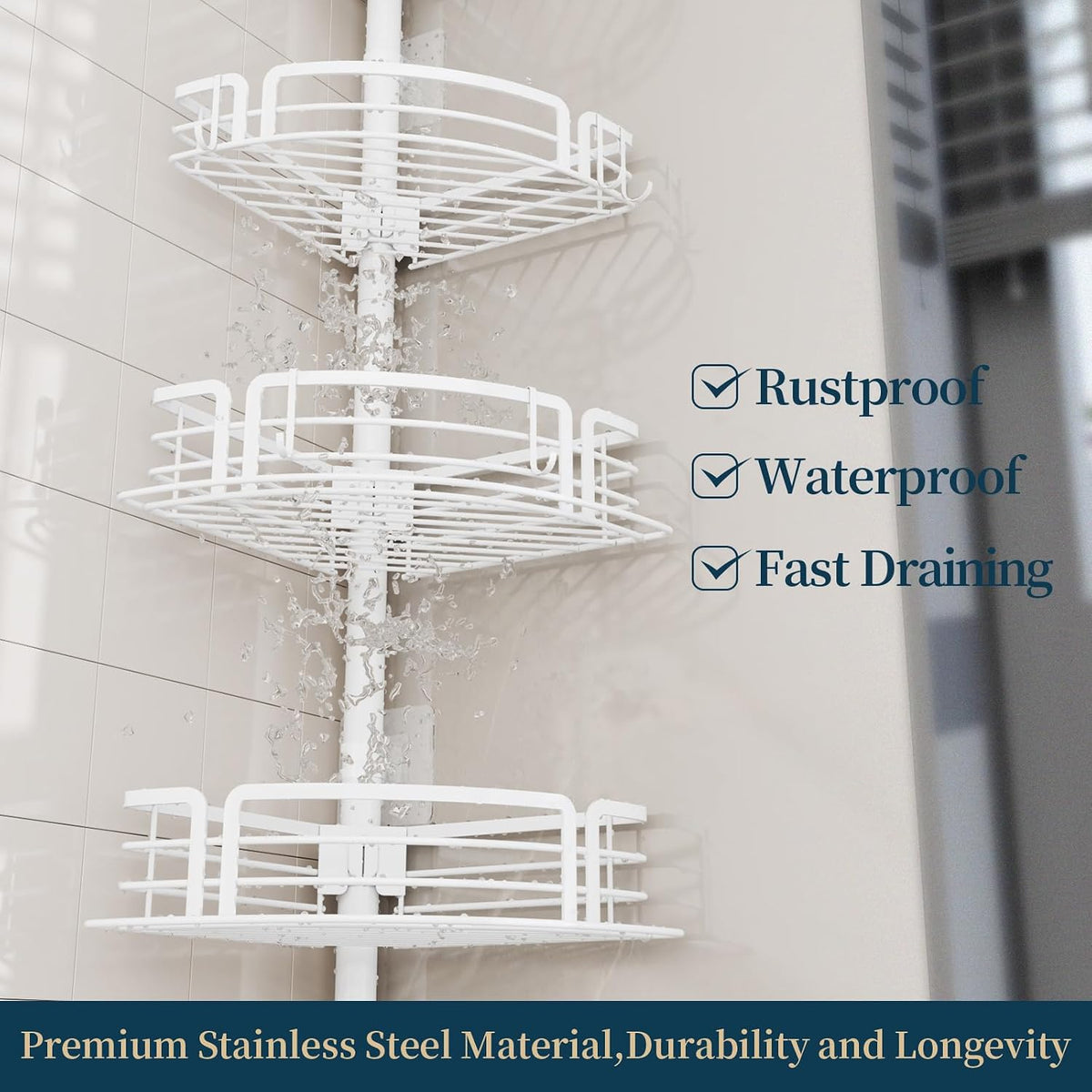 Corner Shower Caddy Tension Pole - Rustproof Shower Shelves with Towel Bar & Soap Holder, Adjustable Bath Organizer for Bathroom Storage, 27.6-108.3 inch, Black