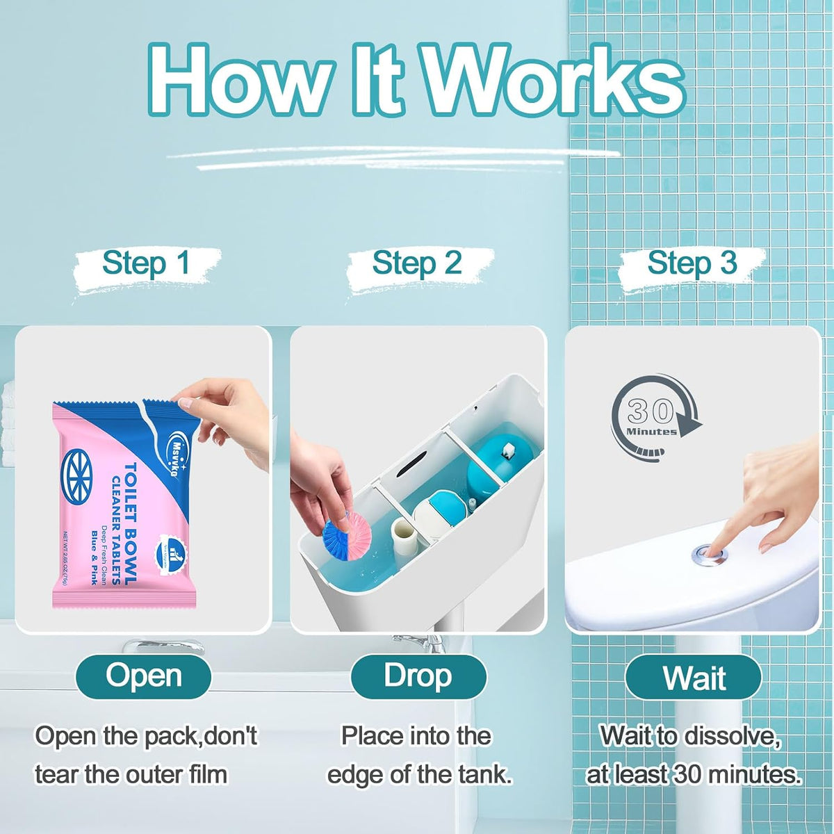 Toilet Bowl Cleaner Tablets Blue Toilet Tank Cleaners, Septic-Safe Hard Water Stain Remove, Bathroom Automatic Toilet Cleaning & Deodorizer, Fresh Scent - 30 Tabs