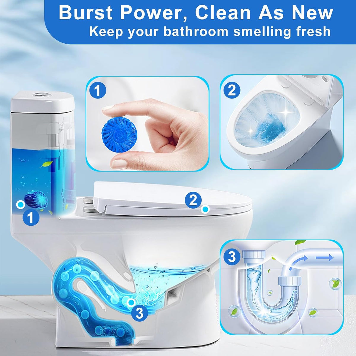 Toilet Bowl Cleaner Tablets Blue Toilet Tank Cleaners, Septic-Safe Hard Water Stain Remove, Bathroom Automatic Toilet Cleaning & Deodorizer, Fresh Scent - 30 Tabs