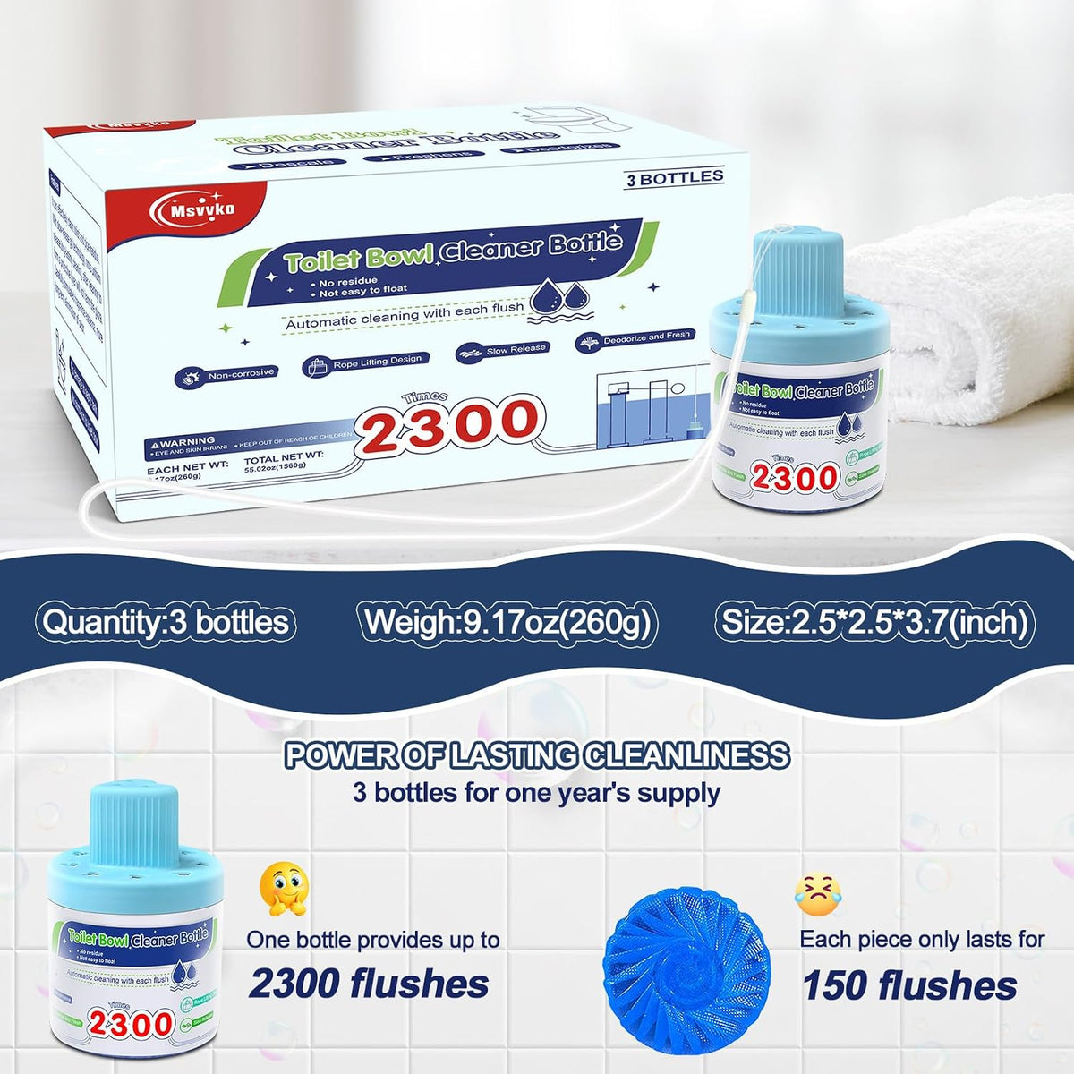 Toilet Bowl Cleaner, Automatic Long-Lasting Blue Toilet Cleaner Bottle, Septic Safe Toilet Bowl Tablets in Bottles, Fresh Bathroom & Deodorize, 2300 Flushes Each