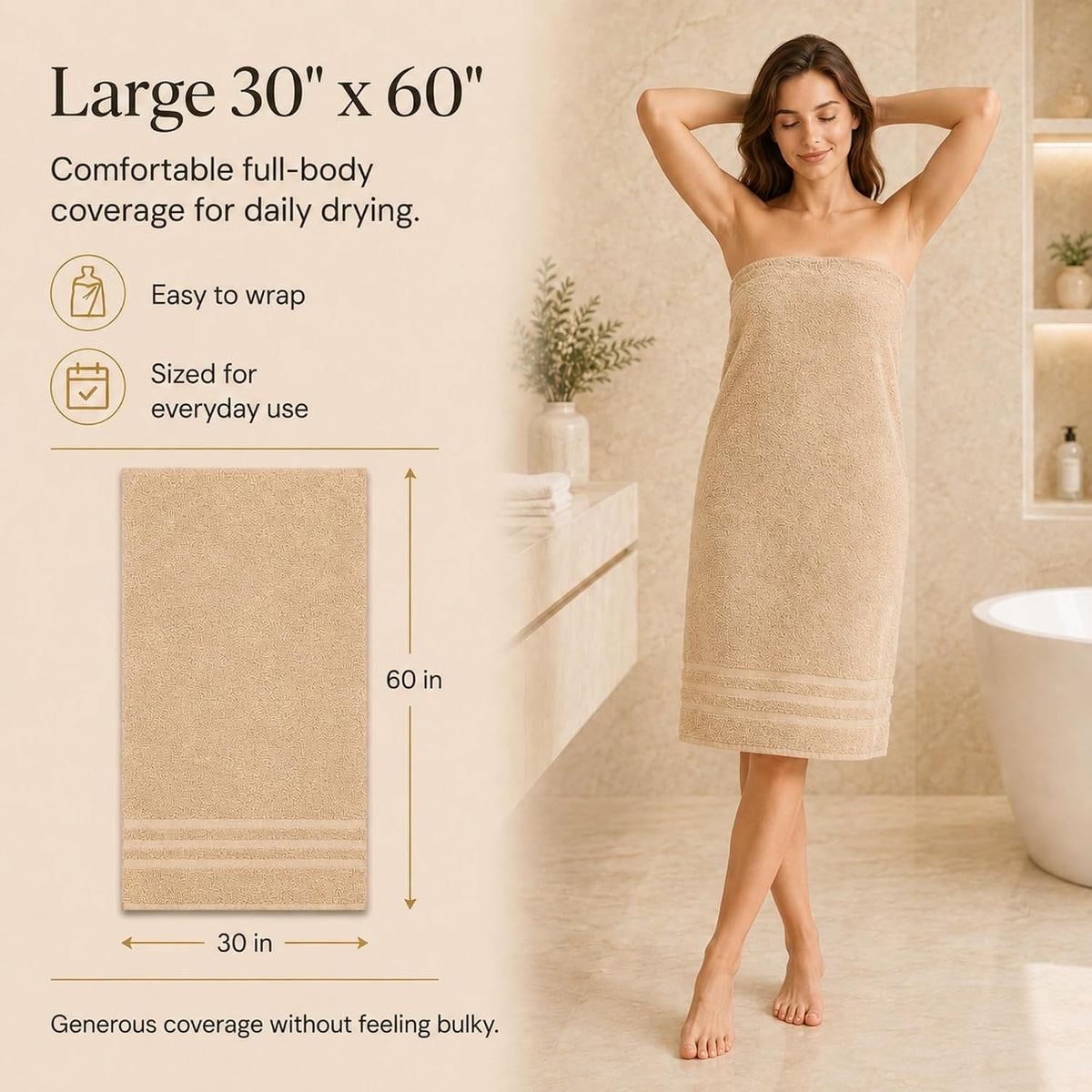 Large Bath Towels, 30x60 in, 100% Cotton, White | Soft & Absorbent | Balanced Weight | Everyday Comfort | Easy Care