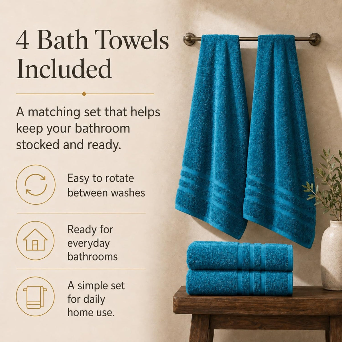 Large Bath Towels, 30x60 in, 100% Cotton, White | Soft & Absorbent | Balanced Weight | Everyday Comfort | Easy Care