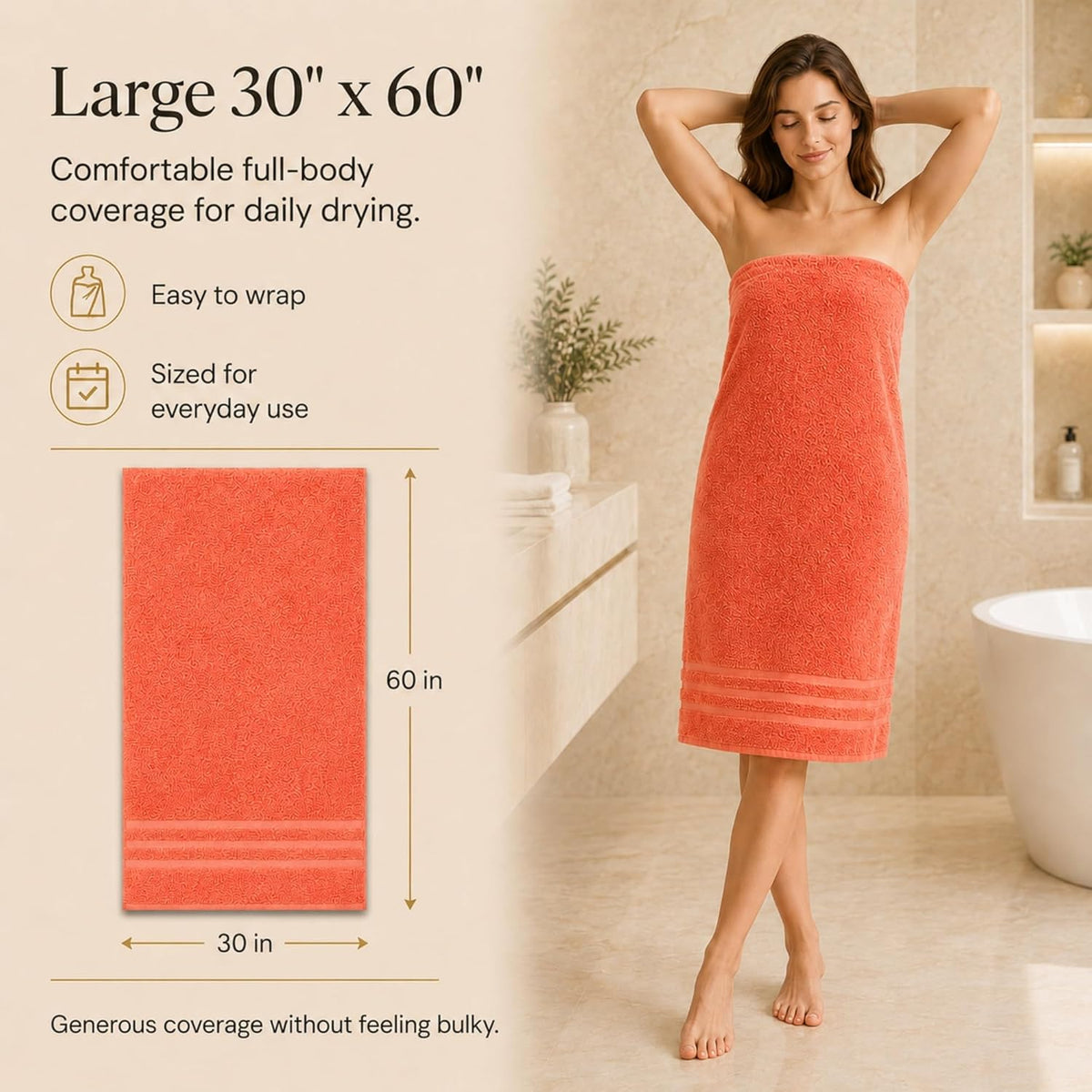 Large Bath Towels, 30x60 in, 100% Cotton, White | Soft & Absorbent | Balanced Weight | Everyday Comfort | Easy Care
