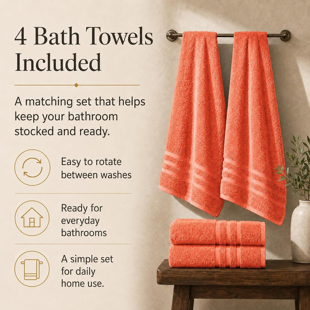 Large Bath Towels, 30x60 in, 100% Cotton, White | Soft & Absorbent | Balanced Weight | Everyday Comfort | Easy Care