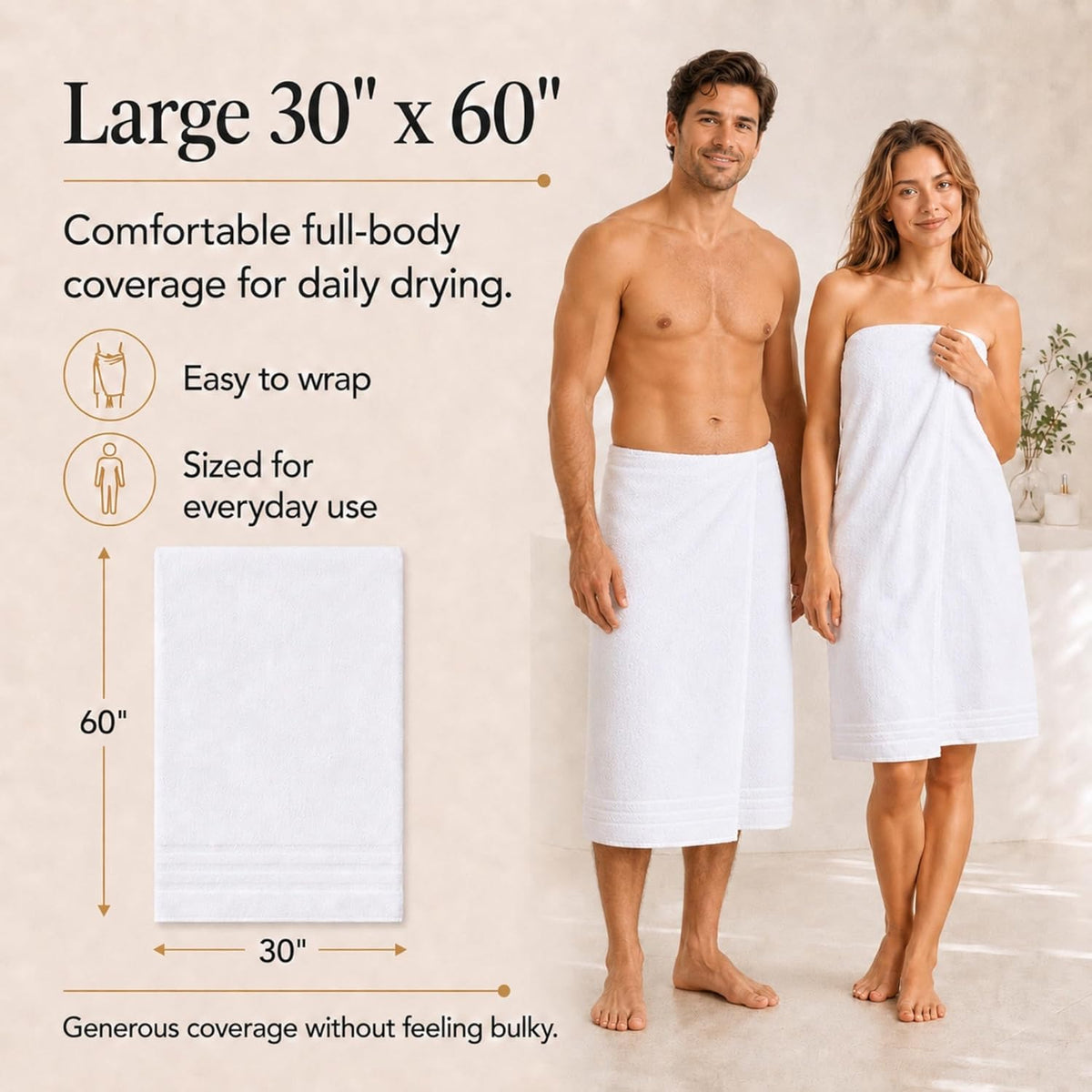 Large Bath Towels, 30x60 in, 100% Cotton, White | Soft & Absorbent | Balanced Weight | Everyday Comfort | Easy Care
