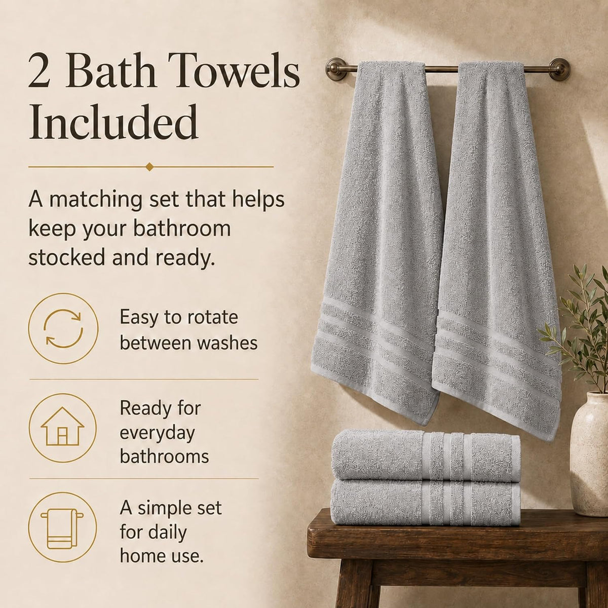 Large Bath Towels, 30x60 in, 100% Cotton, White | Soft & Absorbent | Balanced Weight | Everyday Comfort | Easy Care