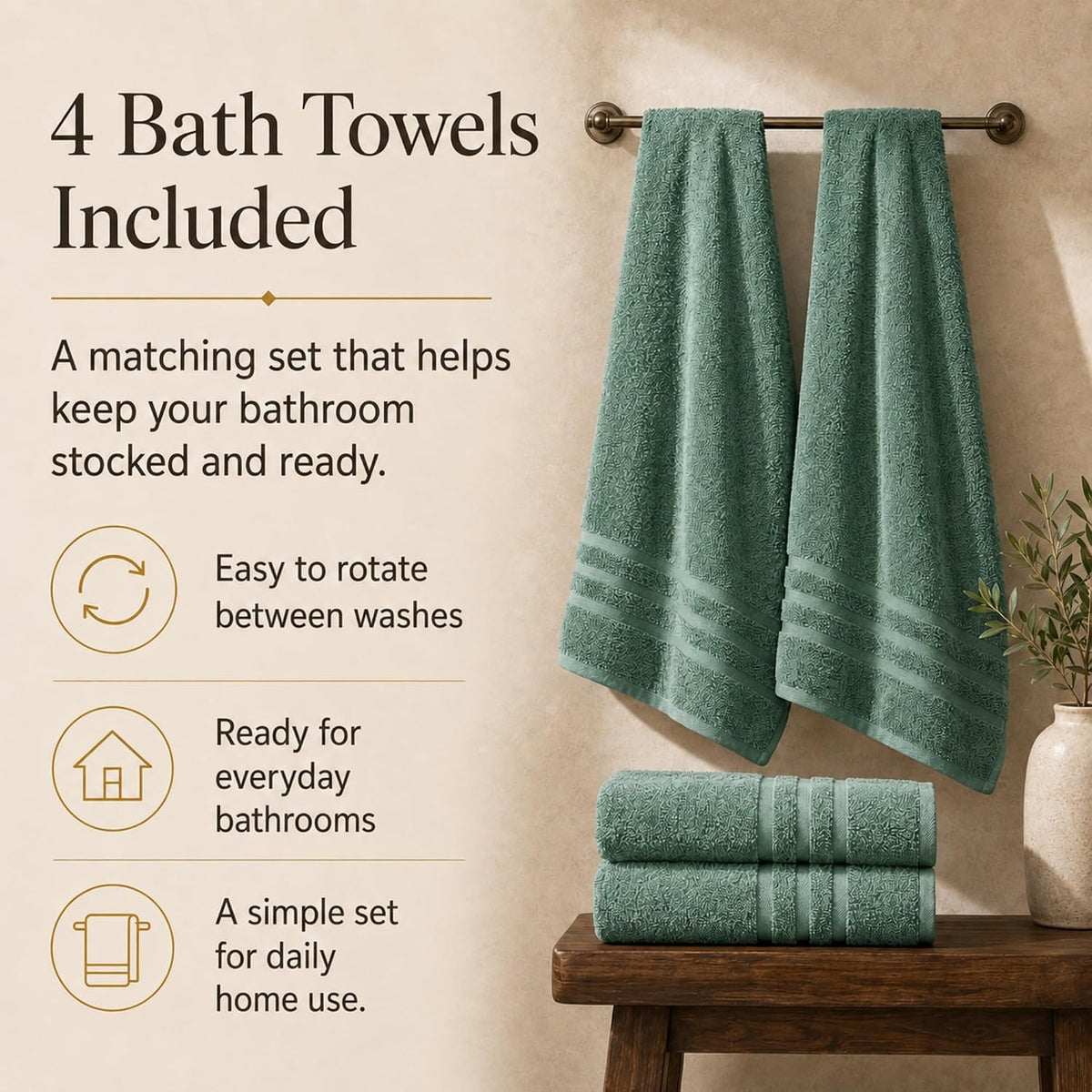 Large Bath Towels, 30x60 in, 100% Cotton, White | Soft & Absorbent | Balanced Weight | Everyday Comfort | Easy Care