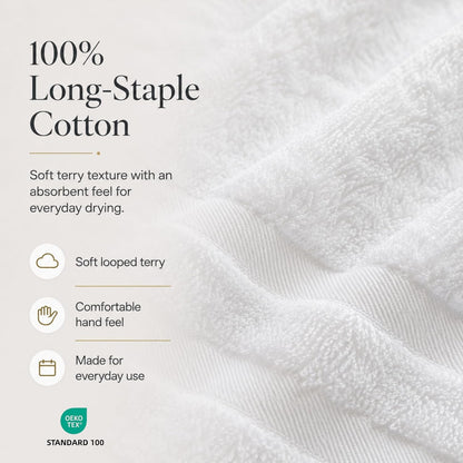 Large Bath Towels, 30x60 in, 100% Cotton, White | Soft & Absorbent | Balanced Weight | Everyday Comfort | Easy Care