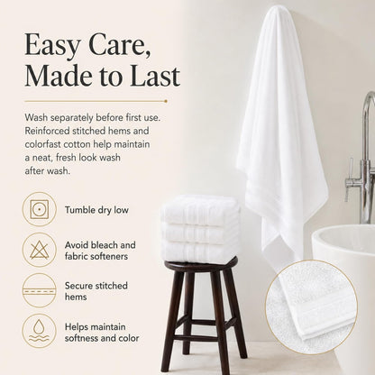 Large Bath Towels, 30x60 in, 100% Cotton, White | Soft & Absorbent | Balanced Weight | Everyday Comfort | Easy Care