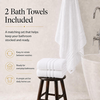 Large Bath Towels, 30x60 in, 100% Cotton, White | Soft & Absorbent | Balanced Weight | Everyday Comfort | Easy Care