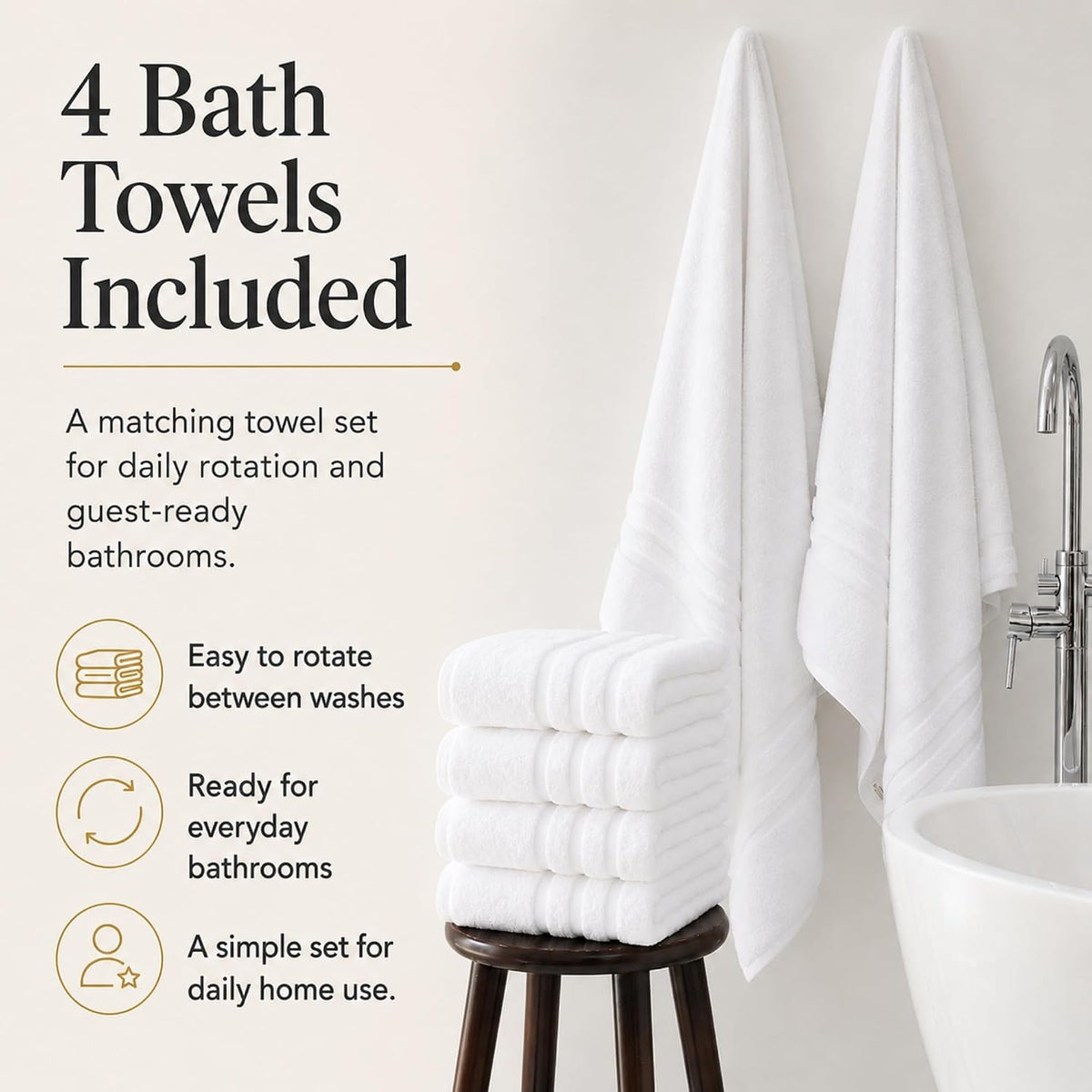 Large Bath Towels, 30x60 in, 100% Cotton, White | Soft & Absorbent | Balanced Weight | Everyday Comfort | Easy Care