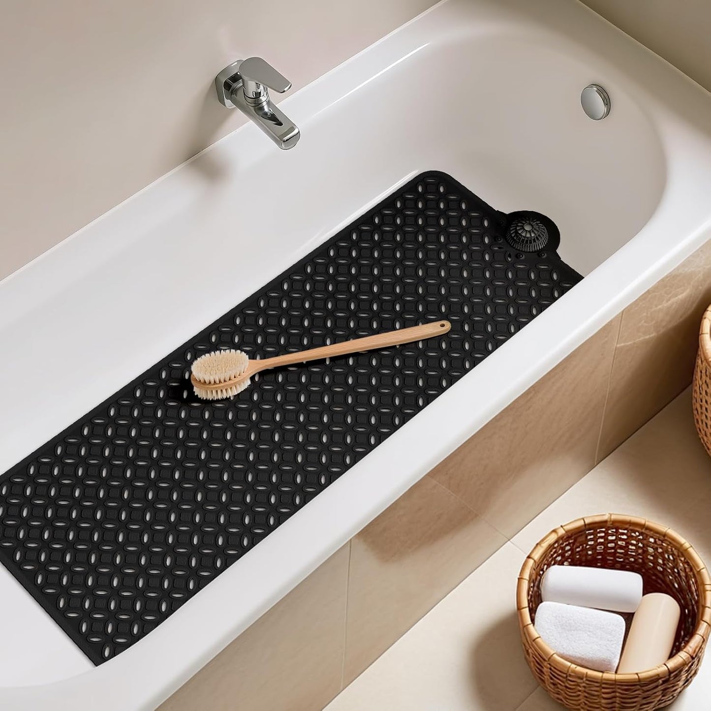 Bath Mat for Tub Non Slip: 39" X 17" Long Bathtub Mat with Hair Catcher│Big Drain Holes Shower Mats for Inside Shower│Machine Washable (Grey)