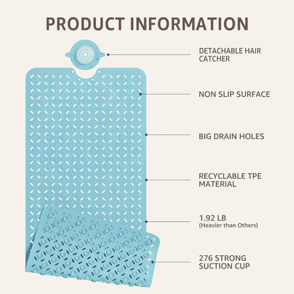 Bath Mat for Tub Non Slip: 39" X 17" Long Bathtub Mat with Hair Catcher│Big Drain Holes Shower Mats for Inside Shower│Machine Washable (Grey)