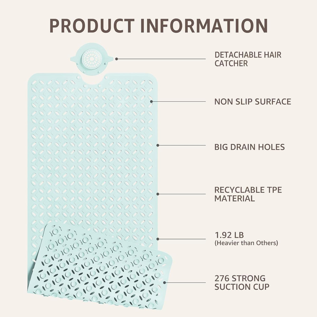 Bath Mat for Tub Non Slip: 39" X 17" Long Bathtub Mat with Hair Catcher│Big Drain Holes Shower Mats for Inside Shower│Machine Washable (Grey)