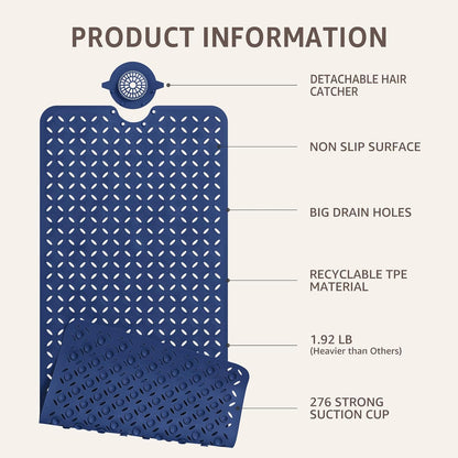 Bath Mat for Tub Non Slip: 39" X 17" Long Bathtub Mat with Hair Catcher│Big Drain Holes Shower Mats for Inside Shower│Machine Washable (Grey)
