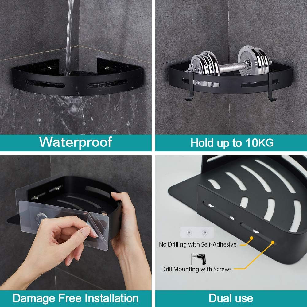 Adhesive Corner Shelf Bathroom Shower Caddy Organizer for Kitchen Toilet No Drilling 2-Tier Bathroom Corner Shelves Shower Caddies | For Kitchen Toilet No Drilling 2-Tier Bathroom Corner Shelves Shower Caddies Black