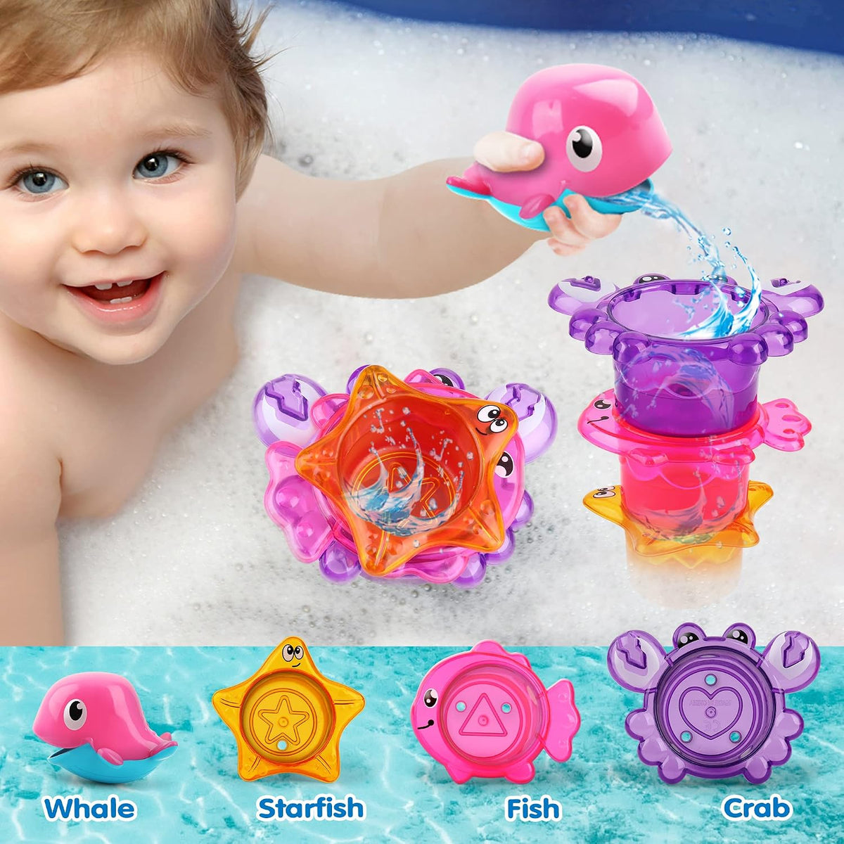 Bath Toy for Toddlers ,Bathtub Toy with Floating Mold Free Swimming Toys and Stacking Cups,Magnetic Fishing Game for Toddles and Babies