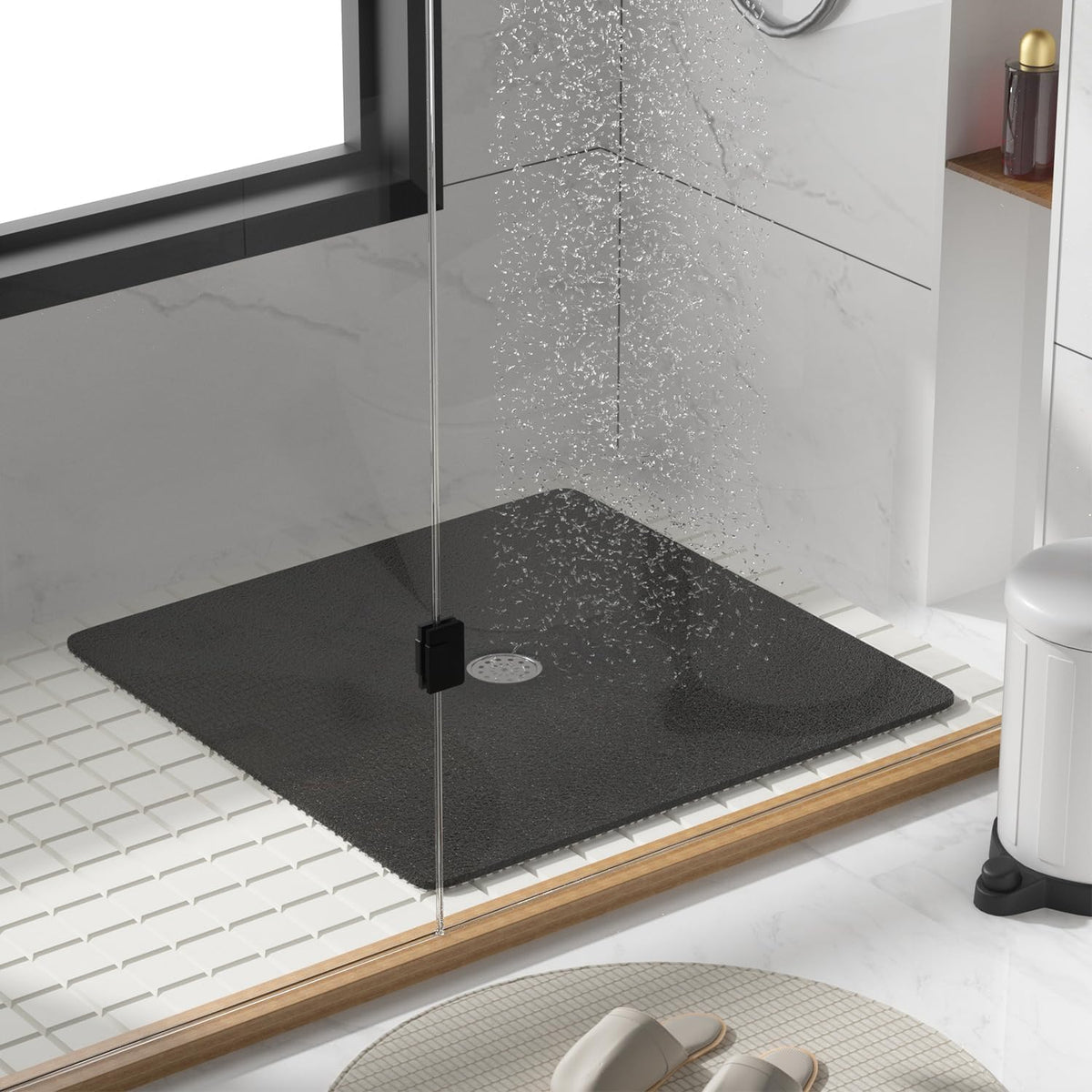 Square Shower Mat, 24 x 24 Inch Non Slip Bath Mat for Tub, Soft PVC Loofah Bathtub Mats with Drain Holes, Quick Drying Bathroom Stall Floor Mat, Bathroom Accessories Without Suction Cup, Grey