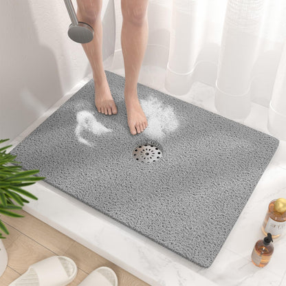 Square Shower Mat, 24 x 24 Inch Non Slip Bath Mat for Tub, Soft PVC Loofah Bathtub Mats with Drain Holes, Quick Drying Bathroom Stall Floor Mat, Bathroom Accessories Without Suction Cup, Grey