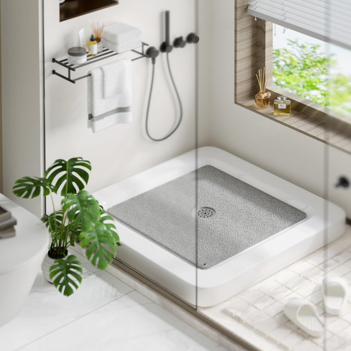 Square Shower Mat, 24 x 24 Inch Non Slip Bath Mat for Tub, Soft PVC Loofah Bathtub Mats with Drain Holes, Quick Drying Bathroom Stall Floor Mat, Bathroom Accessories Without Suction Cup, Grey
