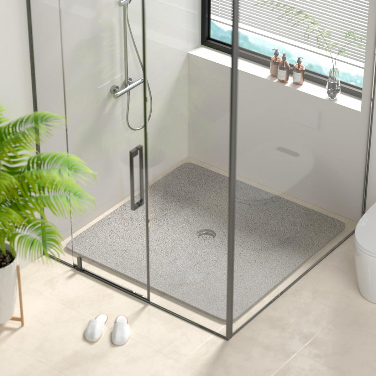 Square Shower Mat, 24 x 24 Inch Non Slip Bath Mat for Tub, Soft PVC Loofah Bathtub Mats with Drain Holes, Quick Drying Bathroom Stall Floor Mat, Bathroom Accessories Without Suction Cup, Grey