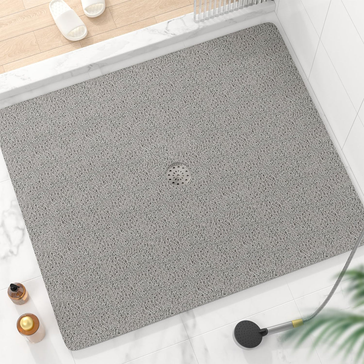 Square Shower Mat, 24 x 24 Inch Non Slip Bath Mat for Tub, Soft PVC Loofah Bathtub Mats with Drain Holes, Quick Drying Bathroom Stall Floor Mat, Bathroom Accessories Without Suction Cup, Grey