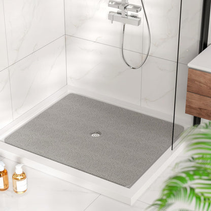 Square Shower Mat, 24 x 24 Inch Non Slip Bath Mat for Tub, Soft PVC Loofah Bathtub Mats with Drain Holes, Quick Drying Bathroom Stall Floor Mat, Bathroom Accessories Without Suction Cup, Grey