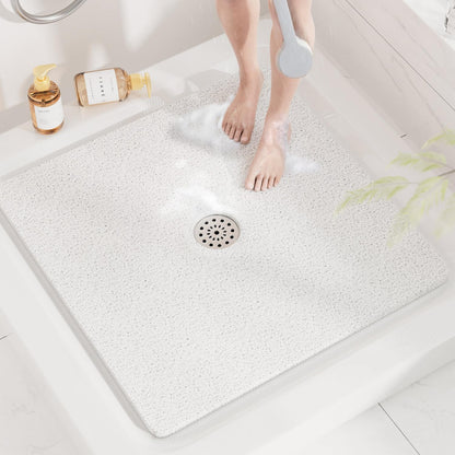 Square Shower Mat, 24 x 24 Inch Non Slip Bath Mat for Tub, Soft PVC Loofah Bathtub Mats with Drain Holes, Quick Drying Bathroom Stall Floor Mat, Bathroom Accessories Without Suction Cup, Grey