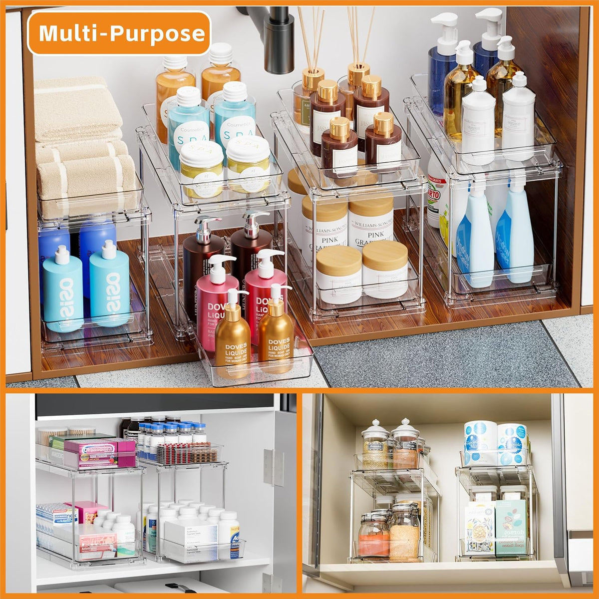 Under Sink Organizers and Storage,Clear Acrylic Bathroom Organizer and Cabinet Organization for Makeup,Medicine,Two Tier Pull Out Cabinet Organizer Drawers for Pantry,Vanity Storage Bins