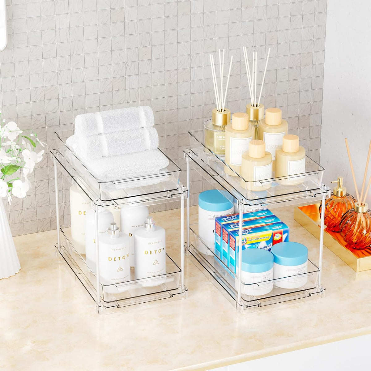Under Sink Organizers and Storage,Clear Acrylic Bathroom Organizer and Cabinet Organization for Makeup,Medicine,Two Tier Pull Out Cabinet Organizer Drawers for Pantry,Vanity Storage Bins